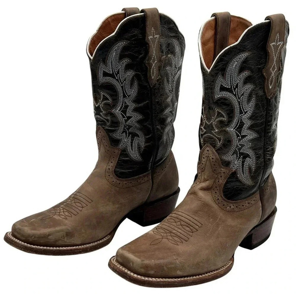 J.B Dillon Men 10B Leather Distressed Western Boots Embroidered Square Toe Rodeo